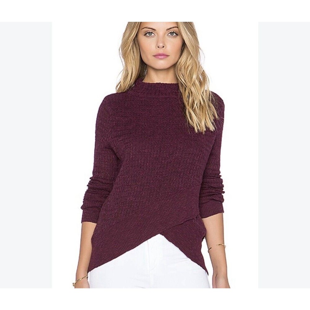 Free People Linen Blend Crossover Hem Mock Neck Sweater Berry Wine Plum XS
